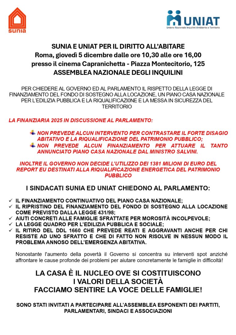 Assemblea nazionale degli inquilini: 5 dicembre 2024